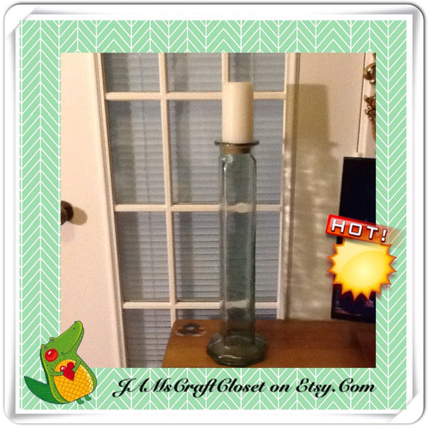 Pedestal Pillar Vintage Candle Holder Green Glass - JAMsCraftCloset