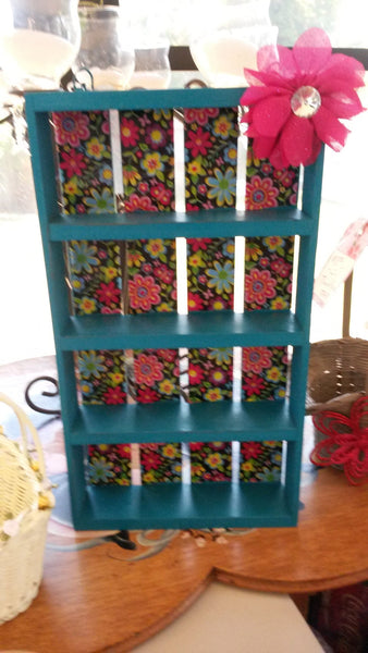 Shelf Small Dark Aqua With a Hippie Flower Print Background and Large Hot Pink Flower With Bling - JAMsCraftCloset