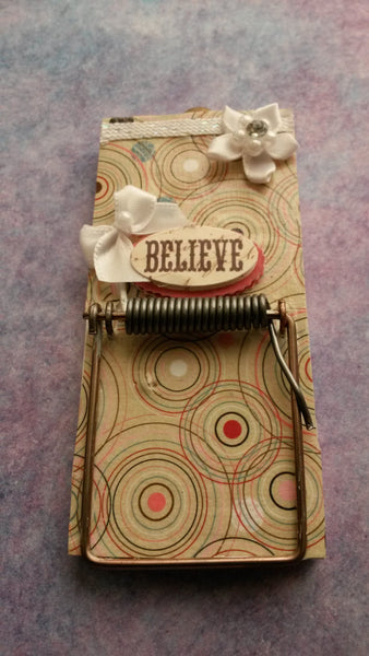 Mousetrap Note Holder Cottage Chic Print Accented With Ribbon Flowers Bows and the Word BELIEVE - JAMsCraftCloset