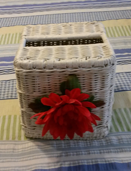 Tissue Box Cover UpCycled Cottage Chic Vintage White Wicker Small With Large Red Flower Home Decor Country Decor Bath Decor Gift Idea Unique - JAMsCraftCloset