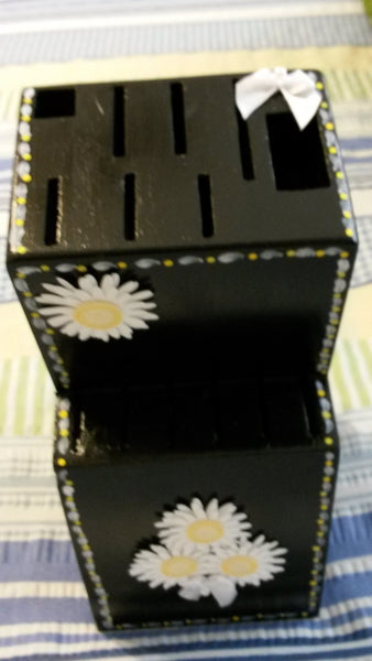 Knife Block UpCycled Cottage Chic Hand Painted Large Wooden Black With White Daisy Accents Kitchen Decor Home Decor Gift One of a Kind - JAMsCraftCloset