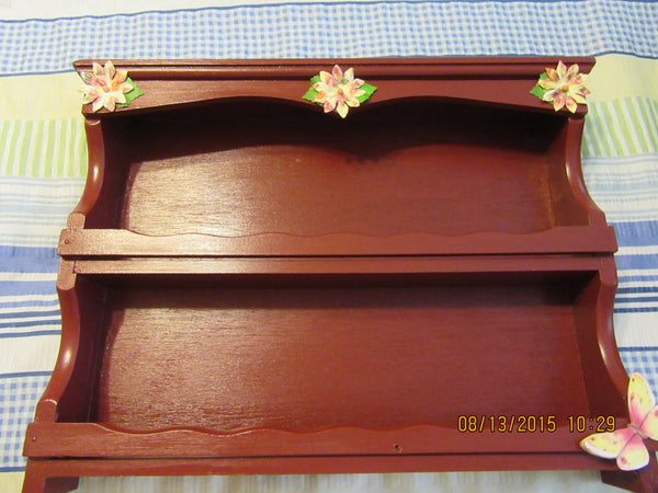 Shelf Spice Rack Wooden Hand Painted Tuscan Red With MultiColored Tuscan Red Flower Accents - JAMsCraftCloset