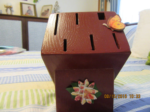 Utility Block With Flower Butterfly Accents Tuscan Red Wooden - JAMsCraftCloset