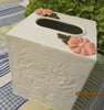 Tissue Box Holder White Metal Embossed Small with Peach Flower Accents - JAMsCraftCloset