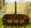 Basket Rectangle Wicker Green Wire Handles Natural Brown Yellow Daisy - JAMsCraftCloset