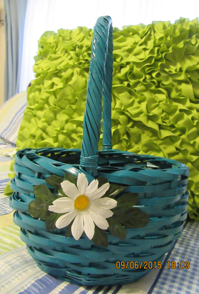 Basket Flower Girl Turquoise Wicker Basket with White Daisy Accents Wedding Accessory Table Decor - JAMsCraftCloset