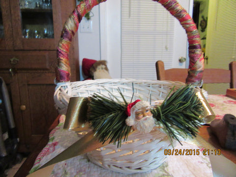 Basket Wicker Vintage White Ribbon Wrapped Handle, Gold Bow  Pine Needles and Santa Holiday - JAMsCraftCloset