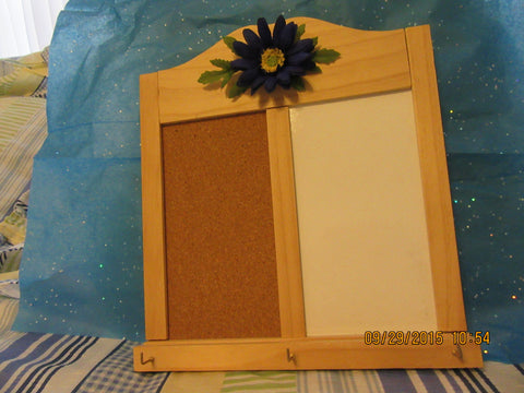 Message Center  Wood  Cork Board and Whiteboard With Hooks Blue Flower Accent - JAMsCraftCloset