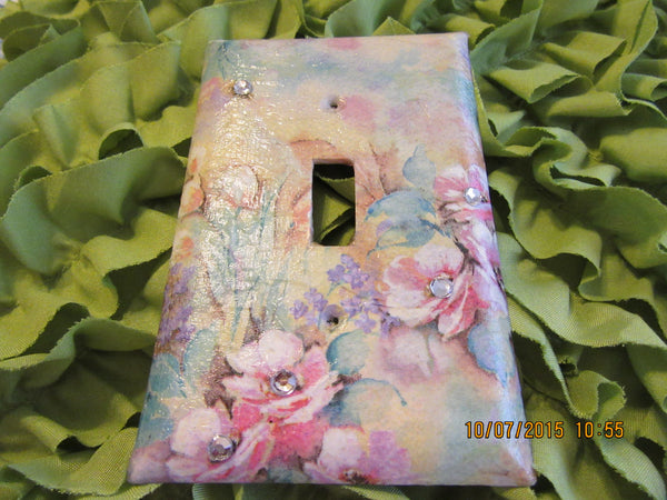 Flowered Plastic Single Switch Plate - Cottage Chic and Up-Cycled - Pink Flowers With Bling - JAMsCraftCloset