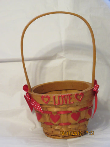 Basket Natural Woven Heart With Tall Handle With LOVE Red Accents - JAMsCraftCloset