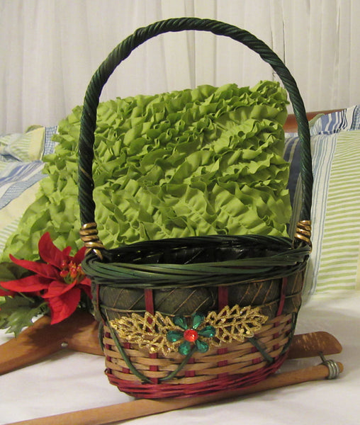 Basket Flower Girl Vintage Woven Green Red Basket with Gold Trim Wedding Accessory Table Decor - JAMsCraftCloset