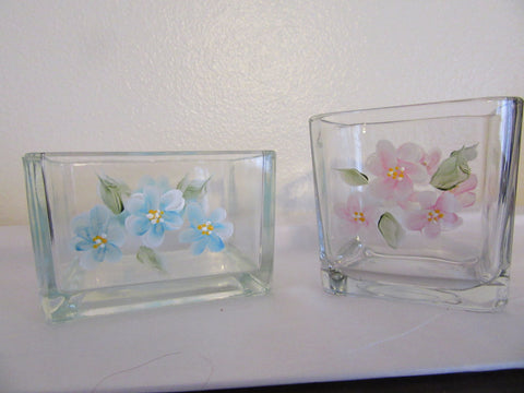 Containers Glass Hand Painted Small Clear Pink One Square and Blue One Rectangle - JAMsCraftCloset