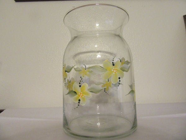 Vase Clear Glass Hand Painted Round Has a Greenish Tint Yellow Floral Wedding - JAMsCraftCloset