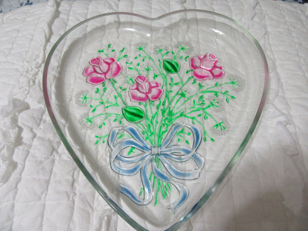 Serving Plate or Platter Heart Shaped  Hand Painted Pink Roses - JAMsCraftCloset