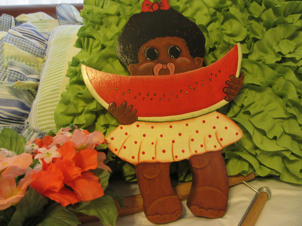 Wall Art Little Black Girl Eating Watermelon Vintage Black Americana Handmade Hand Painted Wood - JAMsCraftCloset