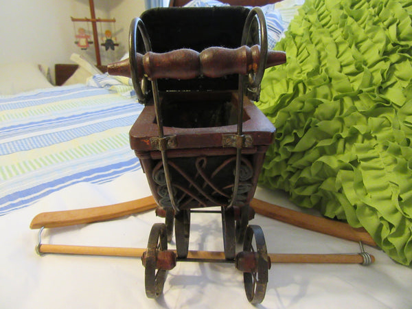 Doll Carriage With Wooden Handle Vintage Small Curved Wicker and Metal - JAMsCraftCloset