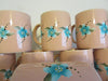 Mugs Cups Hand Painted Peach  Set of 4  Turquoise and White Stippled Flowers - JAMsCraftCloset