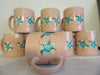 Mugs Cups Hand Painted Peach  Set of 4  Turquoise and White Stippled Flowers - JAMsCraftCloset