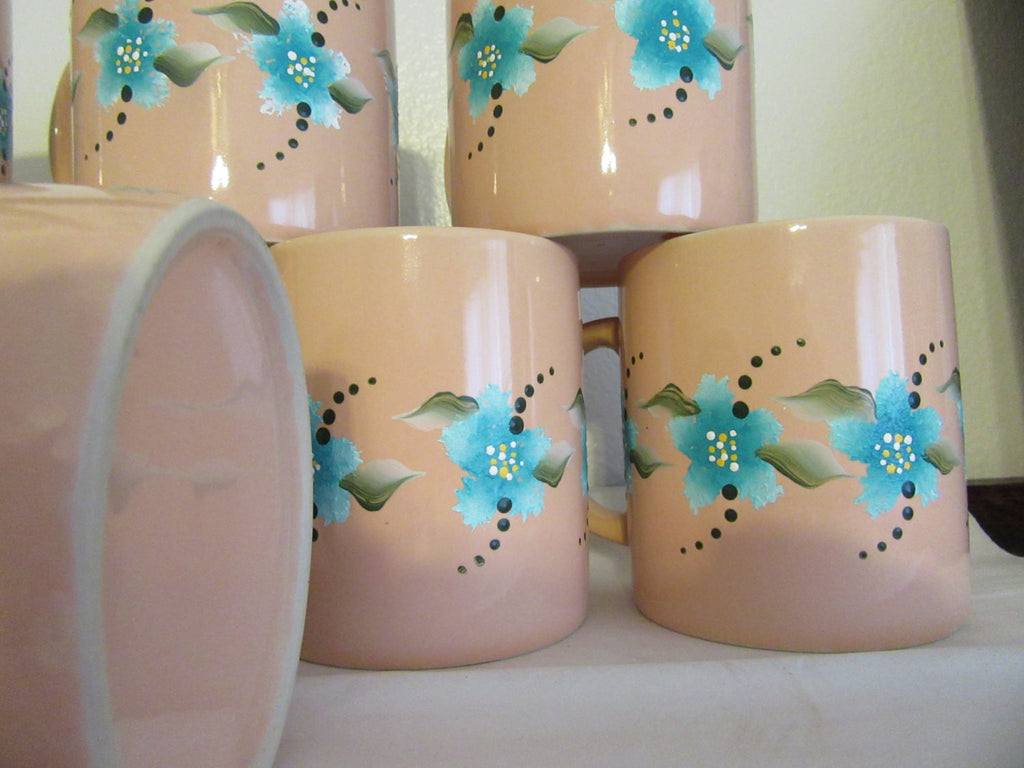 Mugs Cups Hand Painted Peach Set of 4 Turquoise and White Stippled Flo ...