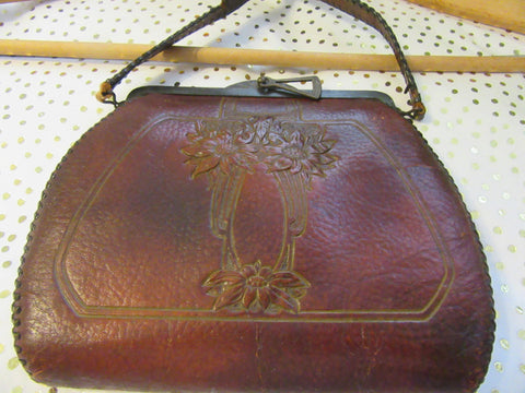 Purse Spanish Craft Brown Leather Tooled Floral Turn Lock Unique Vintage 1918 - JAMsCraftCloset