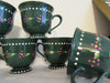 Mugs Cups Hand Painted Dark Green Off White Interior Stoneware Pink Dot Flowers White Dot Trim - JAMsCraftCloset
