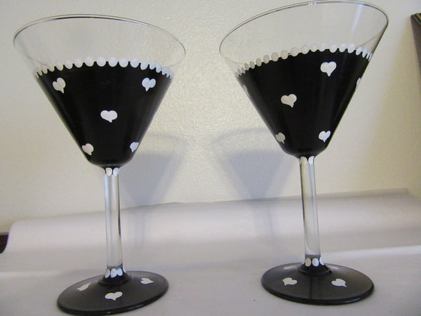 Martini Glasses Hand Painted  Black With White Hearts SET of 2 - JAMsCraftCloset