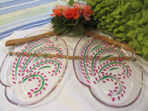 Plates Snack Vintage Federal Glass Homestead Hospitality Hand Painted Set of Two Pink Green - JAMsCraftCloset