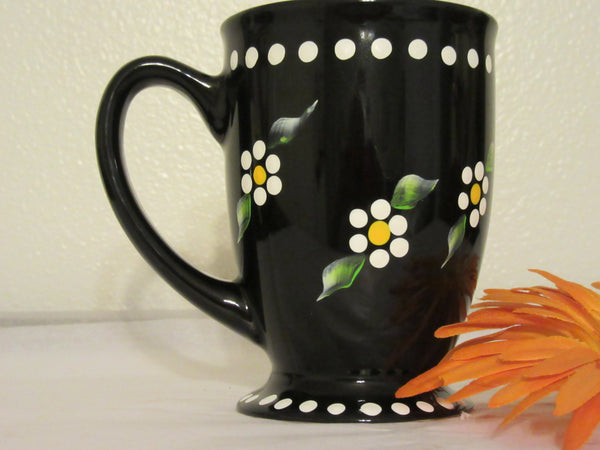Mug Cup Coffee Hand Painted Black White Dot Daisies - JAMsCraftCloset